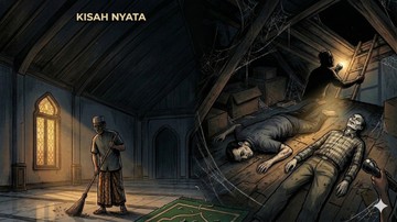 Ilustrasi dua mayat pria yang ditemukan di atap masjid. (Foto: Visual komik diolah menggunakan Gemini AI)
